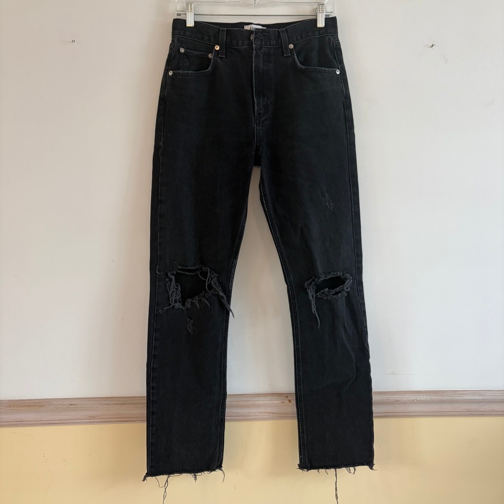 AGOLDE ANTHROPOLOGIE Jamie High Rise Straight Leg Distress Jeans Washed Black 27